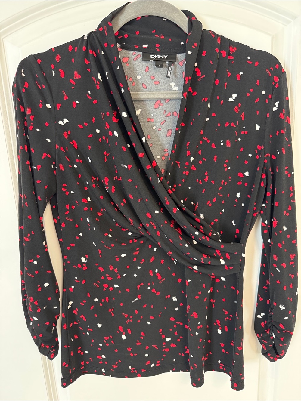 DKNY Black Wrap-Style Top with Red & White Petal Print